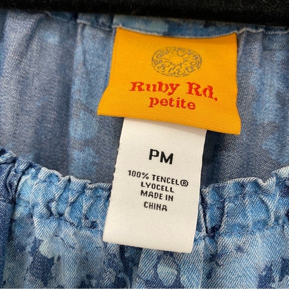 Ruby Rd Size PM Petite Medium Blue Shift Dress Floral 3/4 Sleeve Off Shoulder - Picture 6 of 8